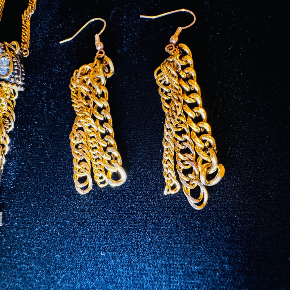 Gold Tone Rhinestone Waterfall Tassel Statement Necklace Set Earrings Fashion - Picture 9 of 9
